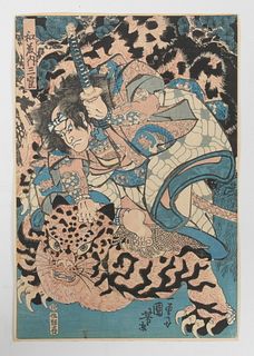 Utagawa Kuniyoshi , Woodblock Print, Samurai and Tiger