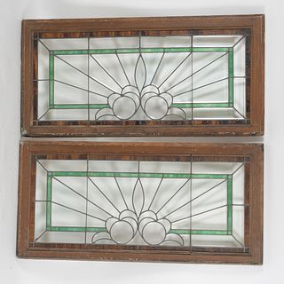Pair of Stained and Clear Leaded Glass Window Panels