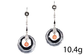 FINE PAIR OF ART-DECO DIAMOND, CORAL, ONYX AND ROCK CRYSTAL EARRINGS