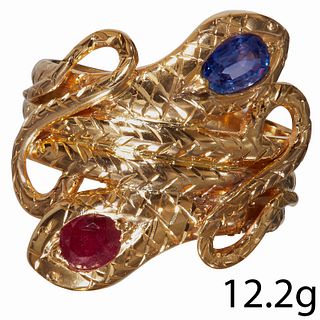 FINE RUBY AND SAPPHIRE DOUBLE SNAKE RING