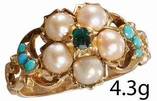 FINE ANTIQUE VICTORIAN PEARL EMERALD AND TURQUOISE RING