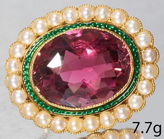 FINE ANTIQUE PINK TOURMALINE ENAMEL AND PEARL BROOCH