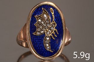 RARE ANTIQUE ENAMEL PEARL AND DIAMOND BUTTERFLY RING