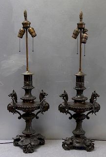 Pair Of 19 Century Bronze Lamps With Winged
