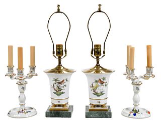 Two Pairs of Herend Rothschild Bird Lamps