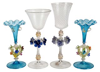 Four Venetian Floral Decorated Glass Goblets