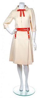 A Courreges Cream Wool And Orange Leather Skirt Ensemble, Size A.