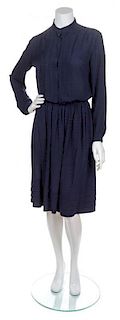 A Chanel Navy Silk Blouse and Skirt Set, Size 12.