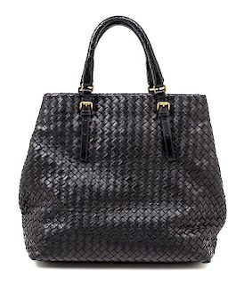 A Bottega Veneta Black Leather Intrecciato Tote Bag 12" x 15.5" x 5".