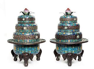 * A Pair of Large Chinese Jade Embellished Cloisonne Enamel Censers Height 30 inches.