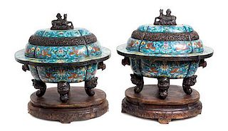 * A Pair of Large Chinese Cloisonne Enamel Censers Height 30 inches.