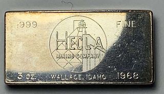 1968 W.H. Foster Hecla Mining Company 3 ozt .999 Silver Bar