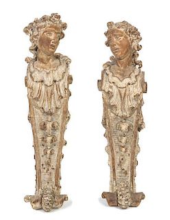 * A Pair of Rococo Style Limed Wood Corbels Height 39 1/2 inches.
