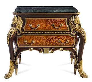 * A Louis XIV Style Gilt Bronze Mounted Marquetry Commode Height 33 3/4 x width 42 1/2 x depth 28 1/2 inches.