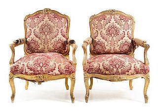 * A Pair of Louis XV Style Giltwood Fauteuils Height 28 inches.
