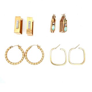 Four Pairs 14K Gold Gemstone Hoop Earrings
