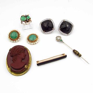 Six Pieces of 14K, 10K, Jade Ring, Earrings and Cameo