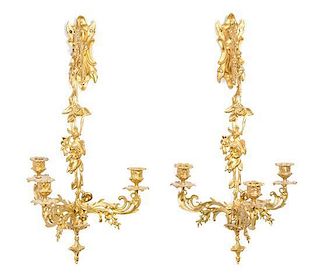 * A Pair of Louis XV Style Gilt Metal Three-Light Sconces Height 22 1/2 inches.