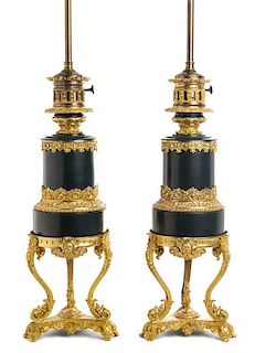 * A Pair of Neoclassical Gilt and Patinated Bronze Table Lamps Height overall 35 1/2 inches.