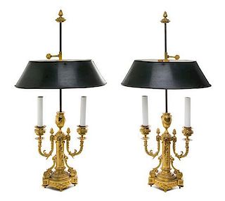 * A Pair of Louis XVI Style Gilt Bronze Bouillotte Lamps Height overall 23 1/4 inches.