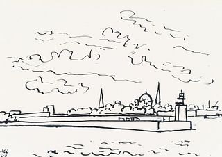 H. WINGLER (1896-1981), Copenhagen. City skyline,  1962, Felt-tip pen