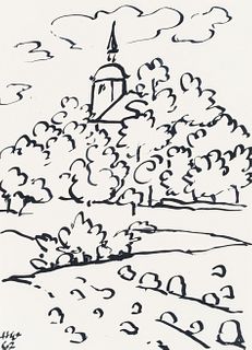 H. WINGLER (1896-1981), Swedish landscape with church,  1962, Felt-tip pen