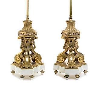 * A Pair of Louis XVI Style Gilt Bronze and Marble Candelabra Bases Height overall 30 inches.