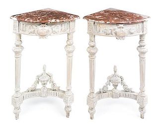 * A Pair of Louis XVI Style Painted Corner Tables Height 32 x width 22 x depth 16 inches.