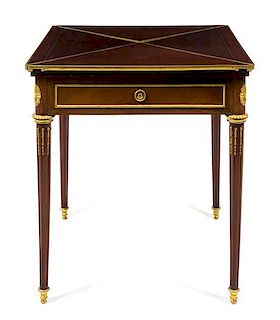 A Louis XVI Style Gilt Bronze Mounted Mahogany Handkerchief Table Height 29 3/4 x width 27 5/8 x depth 27 1/2 inches.