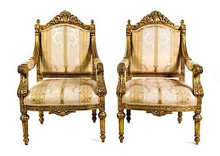 * A Pair of Louis XVI Style Giltwood Fauteuils Height 41 1/2 inches.