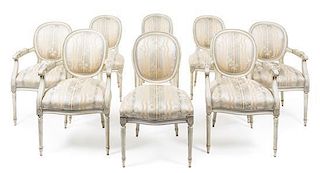 A Set of Eight Louis XVI Style Painted Dining Chairs Height 37 1/4 inches.