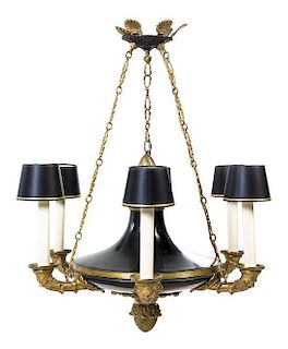 An Empire Style Six-Light Gilt and Patinated Bronze Chandelier Width 23 inches.