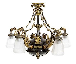* An Empire Style Gilt and Patinated Metal Five-Light Chandelier Height 22 inches.