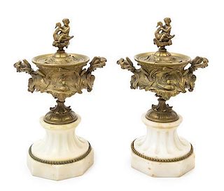 A Pair of French Gilt Bronze and Marble Urns Height 10 1/4 inches.