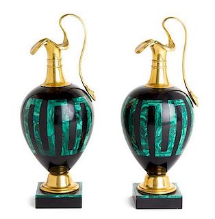 A Pair of Gilt Bronze and Malachite Ewers Height 9 1/8 inches.
