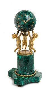A Gilt Bronze and Malachite Figural Clock Height 16 1/4 inches.
