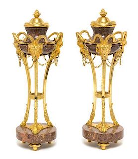 A Pair of Gilt Bronze Mounted Marble Cassolettes Height 10 1/4 inches.