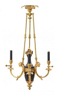 * An Empire Style Gilt and Patinated Bronze Three-Light Chandelier Height 33 inches.
