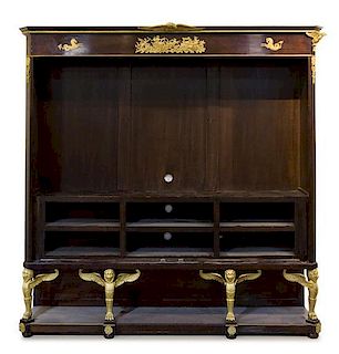 An Empire Style Gilt Bronze Mounted Mahogany Cabinet Height 45 3/8 x width 81 1/2 x depth 17 1/2 inches.