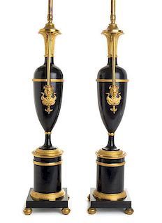 A Pair of Louis Philippe Gilt and Patinated Bronze Urns Height overall 29 1/8 inches.