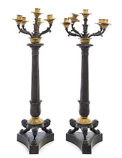 * A Pair of Louis Philippe Gilt and Patinated Bronze Five-Light Candelabra Height 20 1/2 inches.