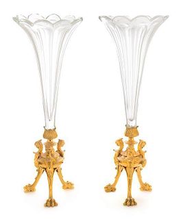 * A Pair of French Gilt Bronze and Glass Trumpet Vases Height 16 3/8 inches.