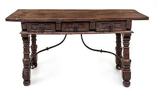 * A Spanish Baroque Iron Mounted Trestle Table Height 33 x width 66 x depth 26 inches.