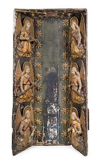 * A Continental Painted Altar Triptych Height overall 107 x width 76 inches.