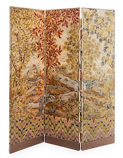 A Continental Needlepoint Three-Panel Floor Screen Height 75 x width of each panel 21 1/4 inches.