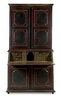 * A Continental Painted Secretary Bookcase Height 91 1/2 x width 49 x depth 20 1/2 inches.