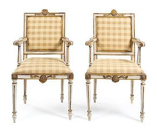 * A Pair of Italian Painted and Parcel Gilt Armchairs Height 36 inches.