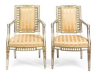 * A Pair of Italian Painted and Parcel Gilt Armchairs Height 35 inches.