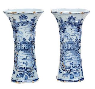 A Pair of Delft Vases Height 9 1/8 inches.