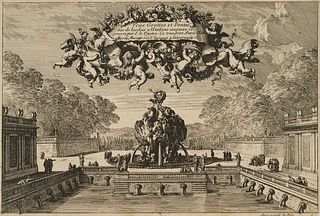 J. LEPAUTRE (1618-1682), Palace gardens with water basin, Copper engraving
